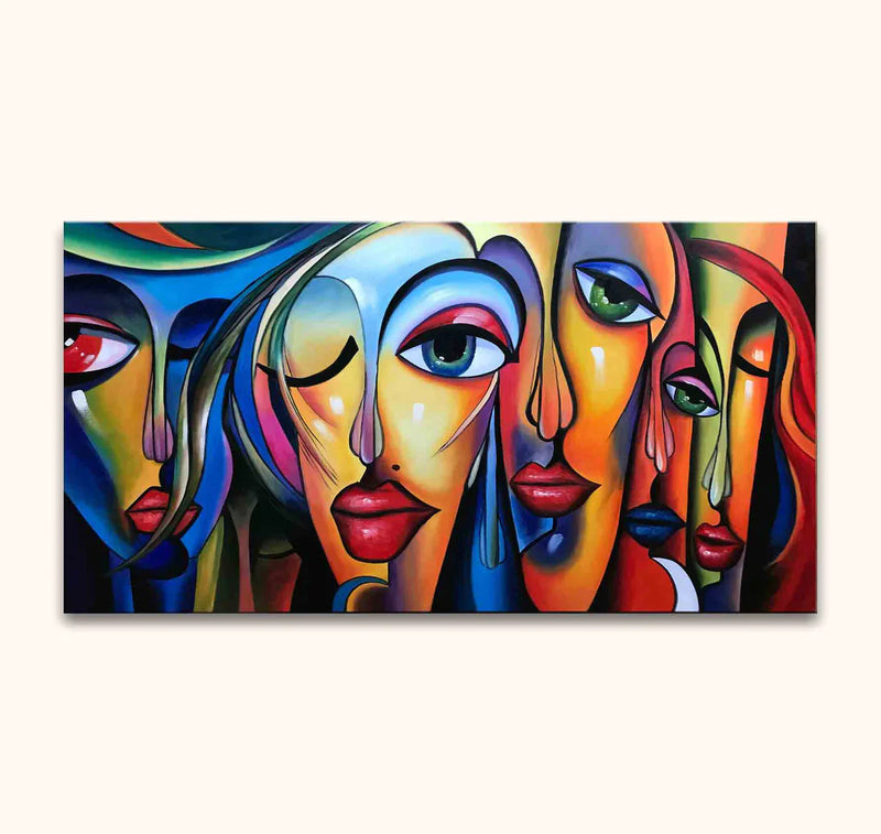 Abstract schilderij met gestileerde gezichten in cubistische stijl, levendige kleurenmix van blauw, geel, rood, groen en paars, benadrukt emotionele expressie.
