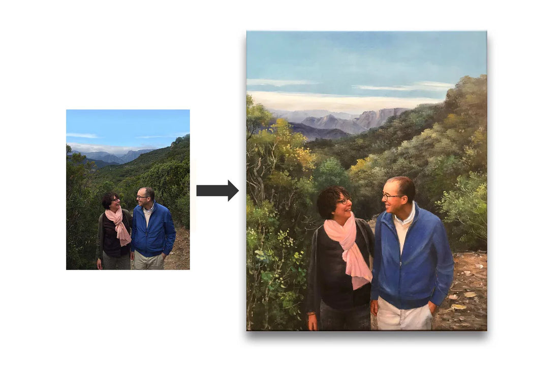 Digitale foto van een wandelend stel in de bergen, getransformeerd tot een realistisch olieverfschilderij met levendige kleuren en gedetailleerde penseelstreken.