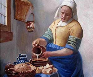 17th-century-style oil portrait of a woman in a kitchen, poring milk, reflecting Baroque artistry.