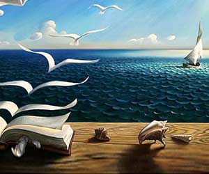 Surrealistisch zeegezicht met pier, open boek dat in meeuwen verandert, schelpen en zeilboot aan de horizon. Olieverf schilderij, modern en verbeeldingsrijk.