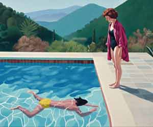 Stylized portrait of two male persons, one is swimming in the pool and the other standing on the side, looking at him.
