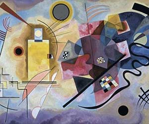 Abstracte compositie met geometrische vormen: gele rechthoek, zwarte cirkel, veelhoekige facetten in paars/blauw/rood, en diagonale zwarte lijn. Handgeschilderd kunstwerk.