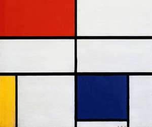 Abstract geometric painting showing intense expression, with red, yellow, blue and white squares, between black straight lines. Hand-painted artwork detail.