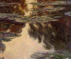 Painting of a pond with leafs in an impressionistic style, with expressive brushstrokes in earth tones highlighting intense light effects.