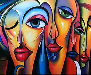 Colorful portraits of a five women in early 20th-century style, reminiscent of Picasso’s Multi-colored Period; hand-painted artwork ideal for interior design.