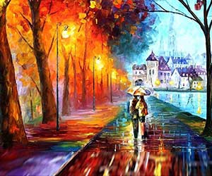 Close-up impressionistic painting of a couple walking on a rainy riverside, with a warm expression, using vibrant colors and textured brushstrokes.