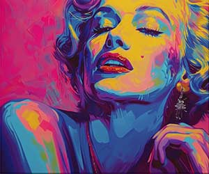 Pop-art portret van glamoureuze vrouw met rode lippen, lange wimpers en golvend haar. Handgeschilderd in gedurfde kleuren, ideaal voor interieurontwerp.
