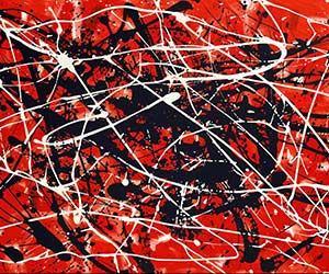Expressive painting, red-colored brushstrokes and a tense gaze. Hand-painted, modern art dripping style.