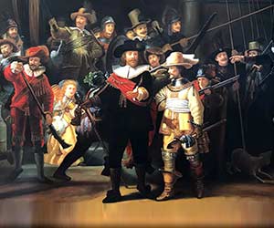 Painting of the famous Dutch Night Watch in a classical oil painting, showcasing rich brushwork and expressive expressions, ideal for interior design.