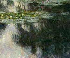 Impressionistic pond scene with lily pads and reflected foliage, reminiscent of Monet's style. Hand-painted artwork perfect for interior design.