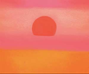 Minimalistische illustratie van een zonsopkomst of zonsondergang met een oranje-rode zon boven de horizon, omgeven door roze en koraalkleurige lucht.