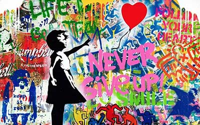 Banksy street art schilderij met een meisje met ballon en op de achtergrond een tekst: Never Give Up. Olieverf op doek.