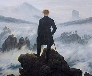 Lone figure on rocky outcrop with walking stick, gazing over foggy mountain landscape. Hand-painted artwork, evoking contemplation and nature's sublime power.