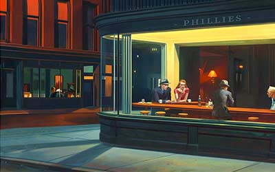 Drie klanten en een ober in een nachtelijk diner, gezien van buiten. Edward Hopper-stijl schilderij. Olieverf op doek.