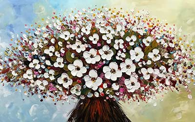 Timeless-style painting of a large bouquet of white flowers with pink centers, in a dark vase. Hand-painted artwork ideal for interior design.