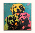 Andy Warhol signature - Dogs 3: Hand-painted pop art with four neon-hued dogs, oil on museum-quality canvas, ready to hang, perfect for modern interiors.