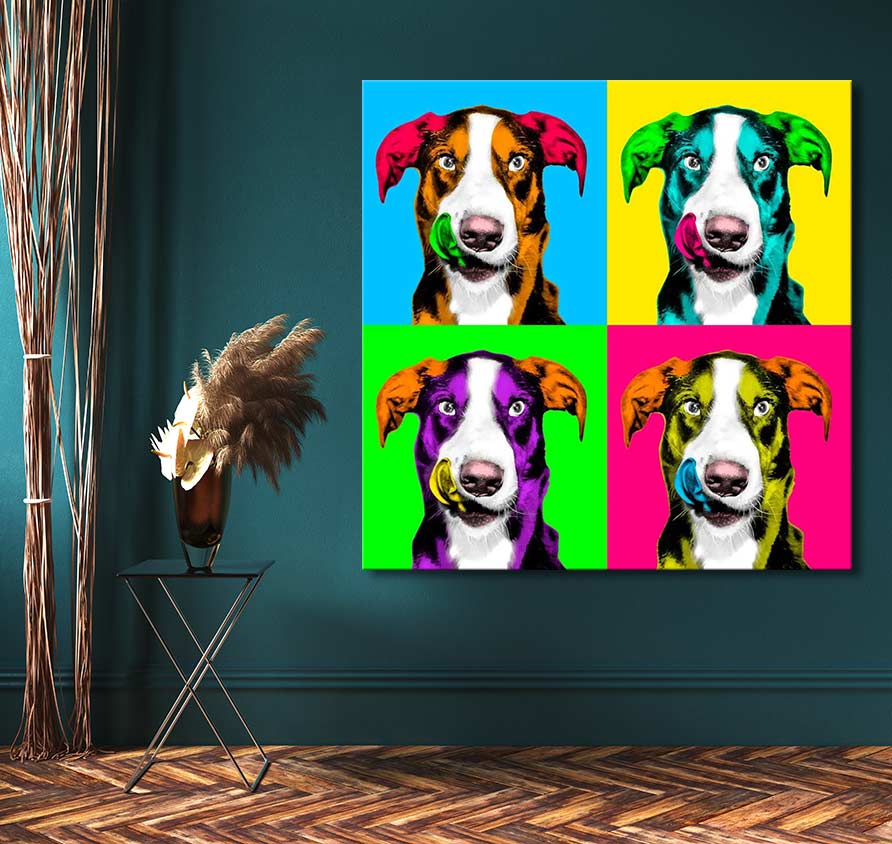 Andy Warhol signature - Dogs 4 pop art portrait featuring a dog in four vibrant panels, displayed in a modern interior setting with a black side table and pampas grass.