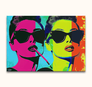 Andy Warhol signature - Audrey Hepburn portrait in pop-art style, featuring bold colors and contrasting schemes. Hand-painted, ready to hang on stretched canvas.