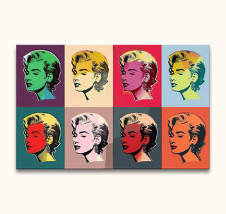 Pop art portrait of Marilyn Monroe in eight vivid panels, inspired by Andy Warhol. Hand-painted on high-quality canvas, ready to hang.