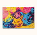 Pop art painting titled Andy Warhol signature - Cats 3, featuring a vibrant cluster of expressive cat heads in bold hues, ready to hang with UV protection.