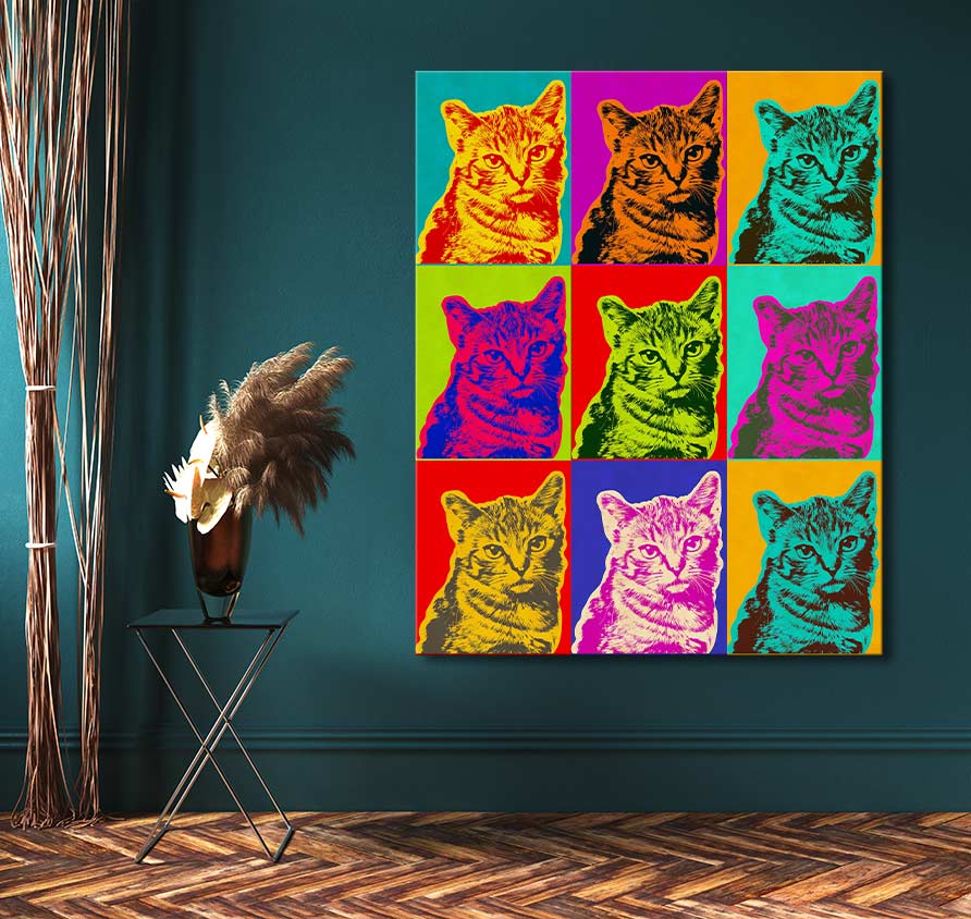 Pop art canvas Andy Warhol signature - Cats 4 with nine cat portraits in vibrant duotone, displayed on a teal wall, enhancing modern interior decor.