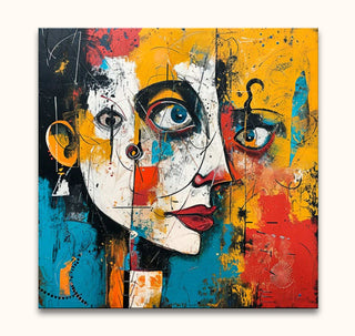Cubist-style portrait titled Corneille Signature - Evening Eyes, featuring a vivid abstract face with bold colors and intricate lines, ready to enhance any modern space.