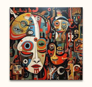 Corneille signature - Habitants du Dessert 2: Abstract cubist painting of stylized faces with geometric shapes, vibrant colors, and layered depth, hand-painted on canvas.