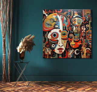 Corneille signature - Habitants du Dessert 2: Abstract canvas featuring stylized faces and geometric shapes. Displayed in a modern home setting with pampas grass and branches.