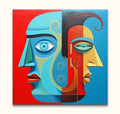 Abstract painting Corneille Signature - Two Faces features dual human profiles in contrasting cool and warm tones, showcasing cubist style and expressive modern art.