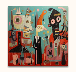 Corneille signature - Day Dreams: Abstract painting with a tall, bird-headed figure and stylized creatures in a vibrant, surreal composition. Ideal for modern art enthusiasts.