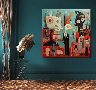 Abstract painting Corneille signature - Day Dreams featuring geometric figures and animal-headed characters, displayed in a modern interior with dried pampas grass.