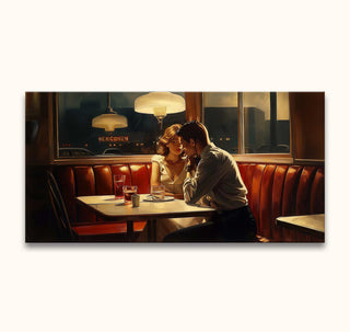 Edward Hopper-inspired scene of a couple in a diner booth at night, hand-painted in pop art style, capturing an intimate moment. Oil on museum-quality canvas.