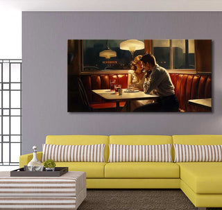 Edward Hopper signature painting 'After Dinner' depicting a couple in a diner. Mid-century modern setting with yellow sofa and coffee table, ideal for modern interiors.