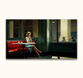 Edward Hopper-inspired painting of a lone woman in a café. Oil on canvas, perfect for modern art lovers seeking interior design elegance.