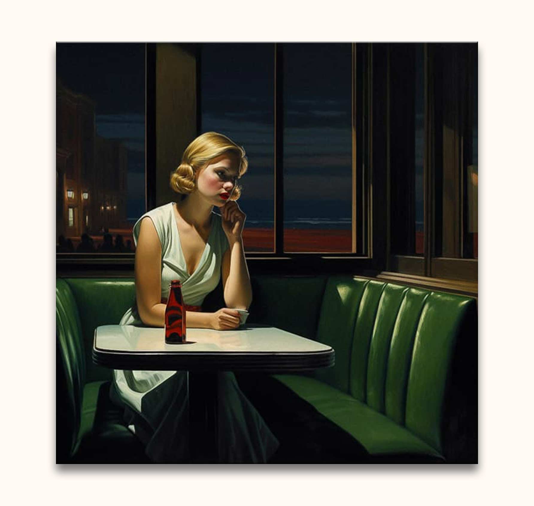 Edward Hopper-inspired painting, Compartment C, depicts a lone woman in a diner at night. Hand-painted with oil on museum-quality, UV-protected canvas.