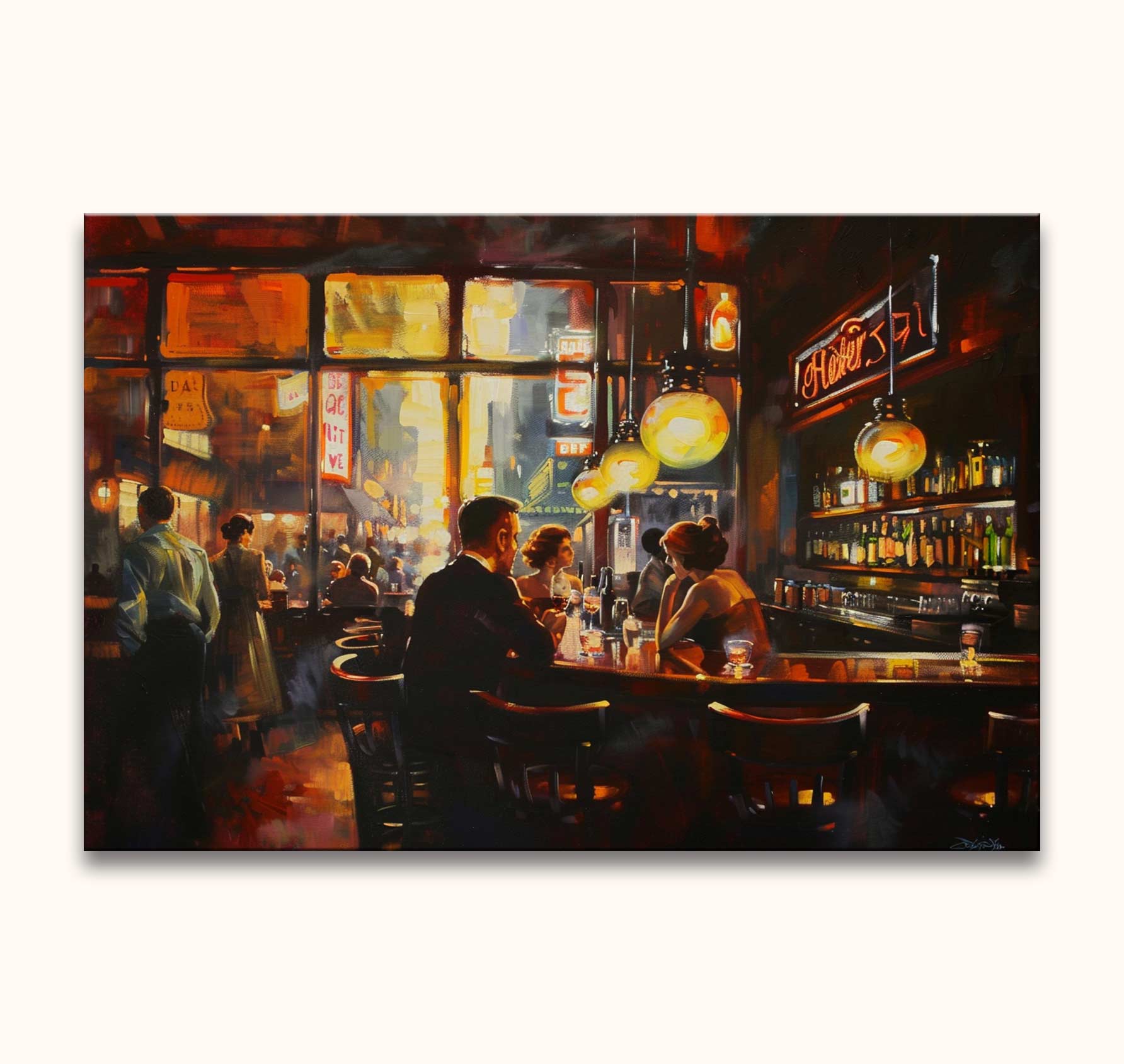 Edward Hopper-inspired city-bar scene with three patrons, oil on high-quality canvas. Ideal for modern art enthusiasts; ready to hang with UV protection.