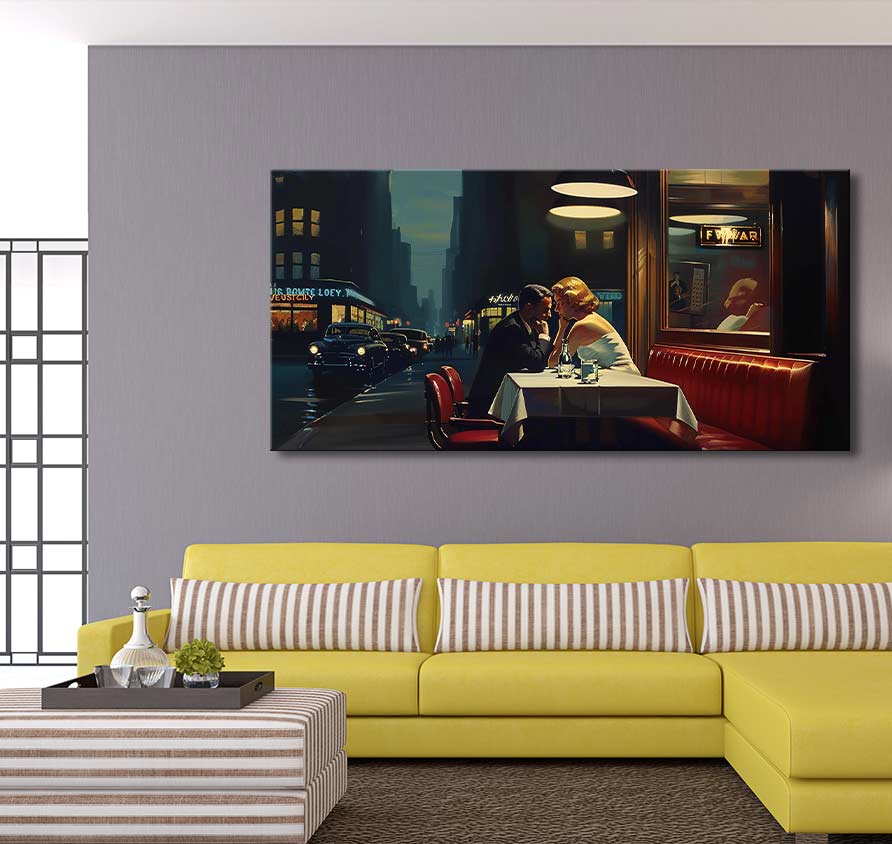 Edward Hopper-inspired oil painting Rendez Vous: A couple in a diner with a city street backdrop, perfect for modern art enthusiasts.
