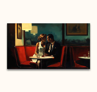 Romantic couple in an intimate café setting, inspired by Edward Hopper. High-quality oil painting on canvas, ideal for modern art enthusiasts.