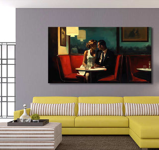 Edward Hopper signature painting Romantic Couple in a diner booth. Hand-painted, ready-to-hang oil on canvas, ideal for modern interior decor.