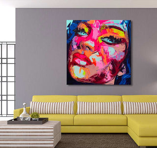 Françoise Nielly-signature - Tiffany in the Morning: Expressive abstract portrait of a woman's face on canvas, showcasing bold brushstrokes and vibrant colors, perfect for modern interiors.