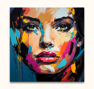 Françoise Nielly-signature Amber by Night hand-painted portrait. Abstract-expressionist style with bold strokes, capturing a woman's face in vibrant, modern art form.