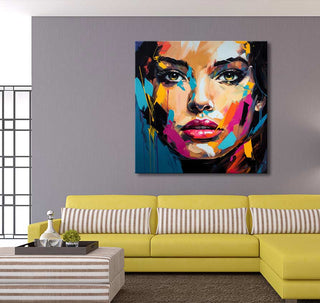 Françoise Nielly-signature - Amber by Night: Vivid abstract portrait of a woman's face, hand-painted with bold strokes. Ideal for modern interiors.