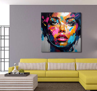 Françoise Nielly's 'Alice in the Morning' portrait on gray wall above yellow sectional sofa; vibrant, expressive oil painting on canvas, ideal for modern interiors.