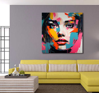 Françoise Nielly-signature - Brenda by Night: A vibrant abstract portrait of a woman's face, hand-painted in expressive pop art style, displayed in a modern living room setting.