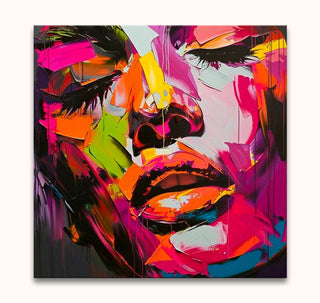 Françoise Nielly-signature 'Dora by Night': Expressive pop-art portrait with bold neon brushstrokes, depicting a woman's face. Ready to hang on high-quality canvas.