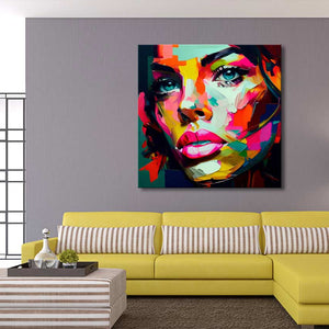 Françoise Nielly's 'Gaby by Night' pop art painting (120x120cm) hangs above a yellow sofa, adding vibrant geometric flair to the modern living room.