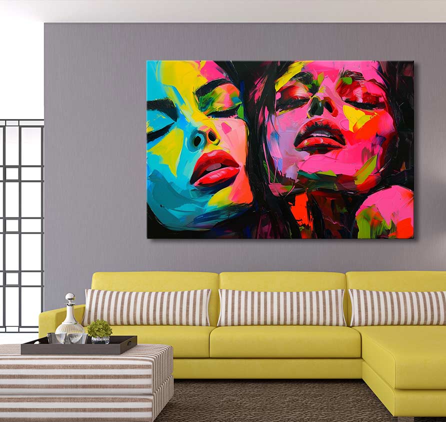Françoise Nielly-signature schilderij 'Colorful Twins': Twee gestileerde vrouwengezichten in pop-art stijl. Handgeschilderd olieverf op doek, klaar om op te hangen.
