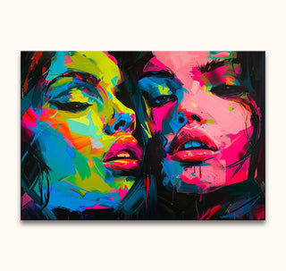 Françoise Nielly-signature - Delightful Twins: Two merging female faces in vibrant pop-art style, showcasing expressive brushstrokes and dynamic energy.
