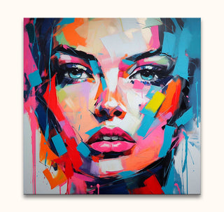 Françoise Nielly's Isabel in the Morning features a dynamic, abstract expressionist portrait of a woman's face with bold, painterly strokes and neon colors.