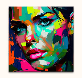 Samantha in Love by Françoise Nielly: A bold, abstract pop-art portrait of a woman's face, showcasing expressive neon hues and dynamic brushwork. Oil on canvas.